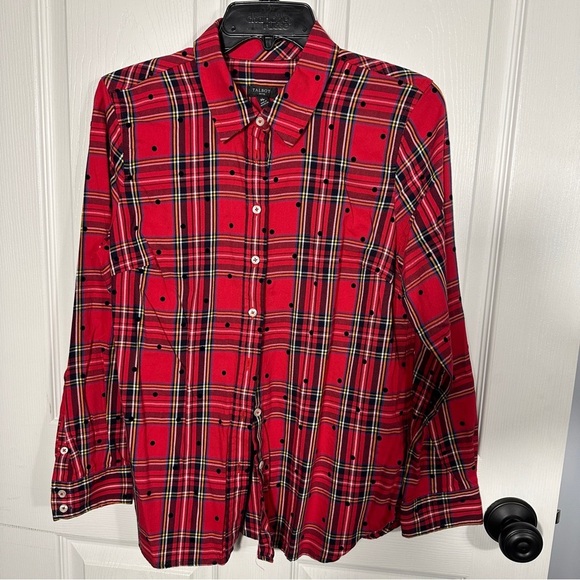 Talbots size med petite red plaid shirt with polka dots, cotton blend, fall - Picture 1 of 12